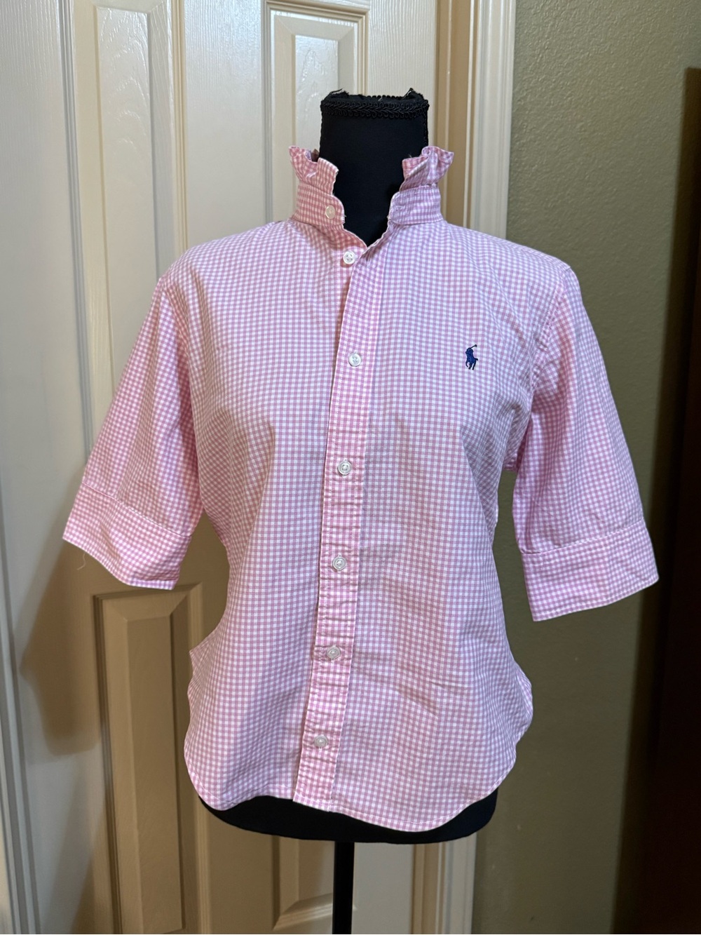 Upcycled Ralph Lauren Light Pink Gingham Ruffle Collar Button-Up - Picture 3 of 11